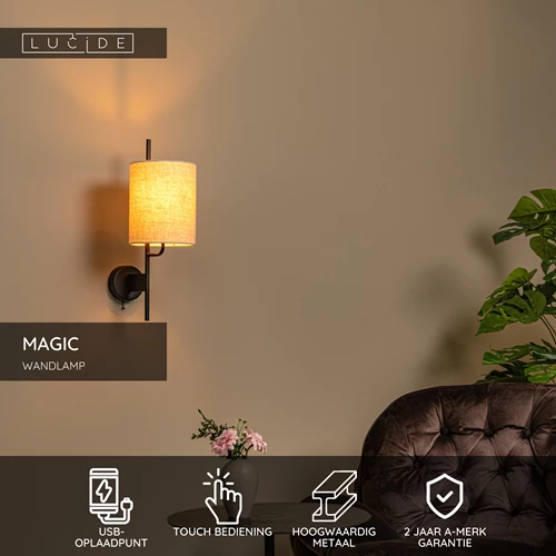 Lucide MAGIC - Wandlamp - 1xE27 - Met USB oplaadpunt - Zwart - USP
